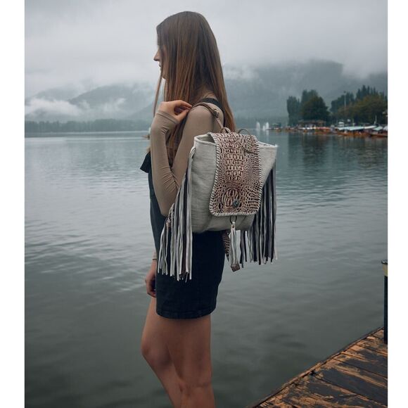 Myra Bag Handmade Smokey Leather & Hairon Upcycled Canvas Backpack - Picture 1 of 8